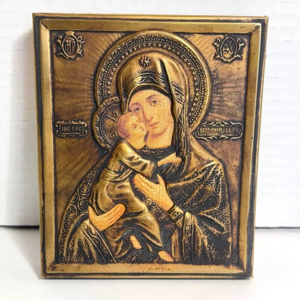 Vintage Virgin of Vladimir Metal Oklad Icon Plaque Wall Hanging